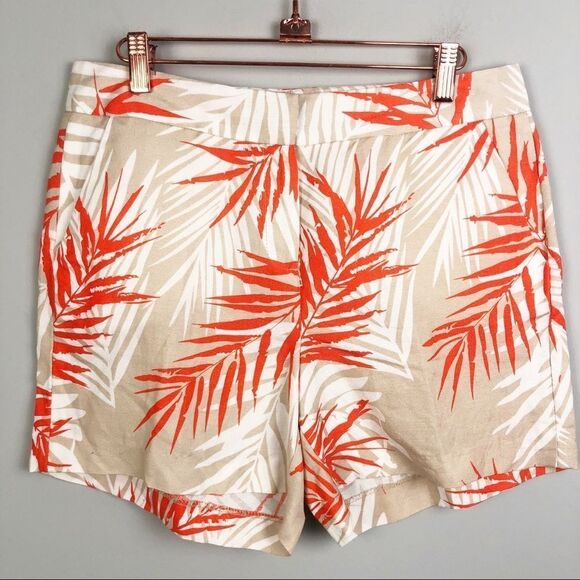 SANDRO | Linen Blend Palm Leaf Print Shorts Tan White Orange Women’s Size 8 - Picture 1 of 7